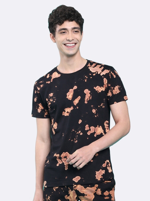 

Bewakoof Men Black & Orange Tie and Dye Dyed Pure Cotton T-shirt