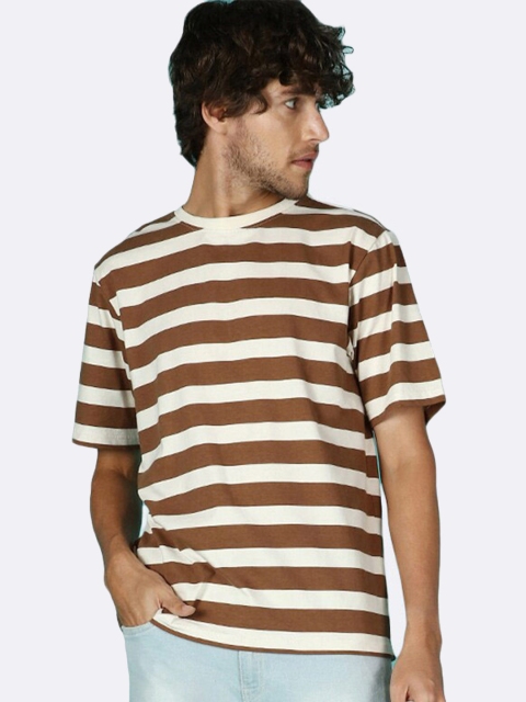 

Bewakoof Men Brown Striped V-Neck Pockets T-shirt