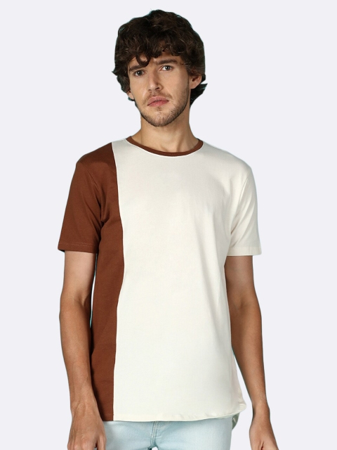

Bewakoof Men Off White & Brown Colourblocked T-shirt