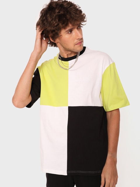 

Bewakoof Men Green & Black Colourblocked Drop-Shoulder Sleeves Pure Cotton T-shirt