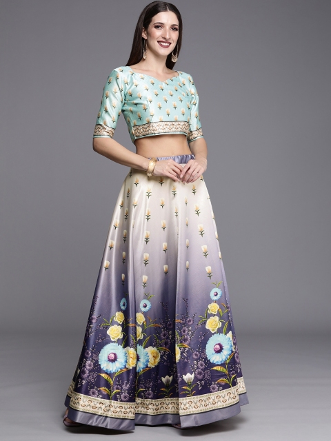 

Mitera Women Violet & Turquoise Blue Printed Kalamkari Semi-Stitched Lehenga & Blouse