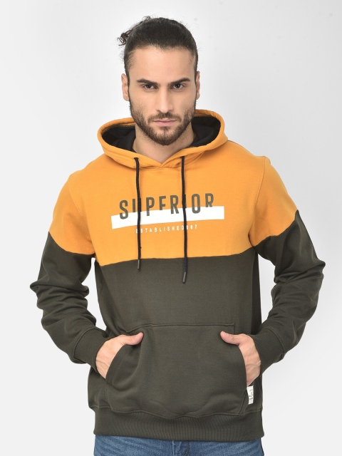 

COBB Men Olive Green Colourblocked Hooded Sweatshirt