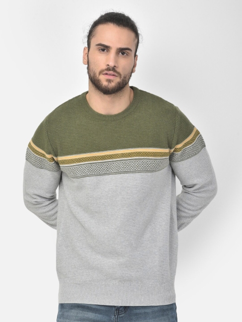 

COBB Men Grey & Olive Green Striped Pullover