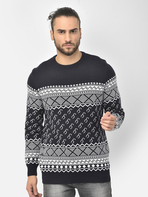 

COBB Men Navy Blue & White Printed Pullover