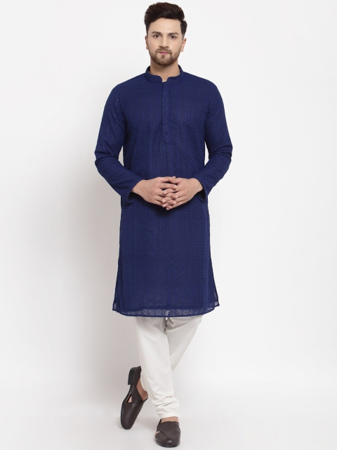 

MOHANLAL SONS Men Navy Blue Floral Embroidered Silk Georgette Kurta with Churidar