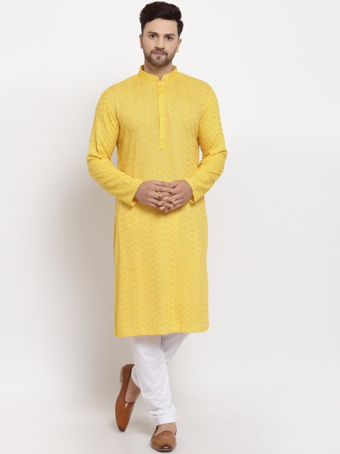 

MOHANLAL SONS Men Yellow & White Floral Embroidered Chikankari Kurta with Churidar