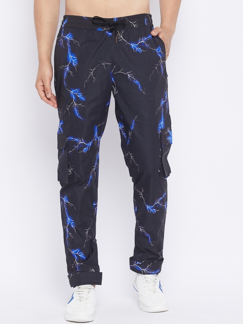 

FUGAZEE Men Black & Blue Graphic Printed Tapered -Fit Cargo Track Pants