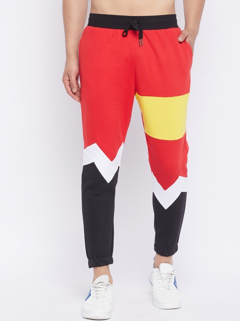 

FUGAZEE Men Red & Black Colourblocked Pure Cotton Jogger