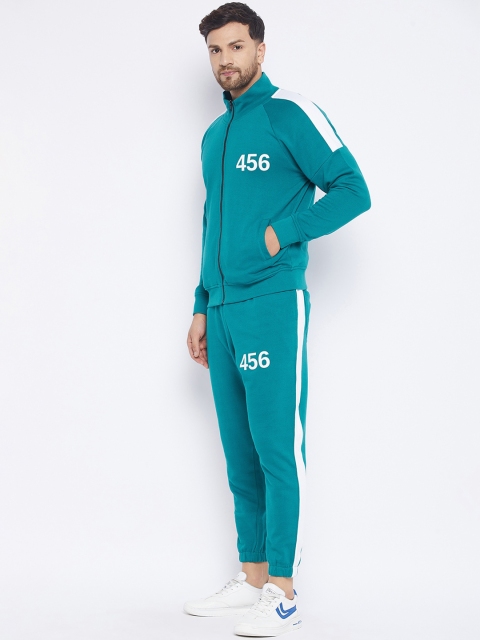 

FUGAZEE Men Squid Game Player Teal Blue Coloured & White Pure Cotton Slim-Fit Tracksuits