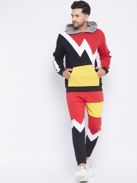 

FUGAZEE Men Red & Black Colourblocked Pure Cotton Oversized-Fit Track Suit