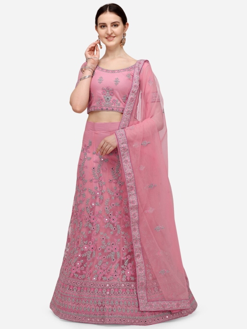 

Netram Women Pink Semi Stiched Embroidered Net Lehenga Choli