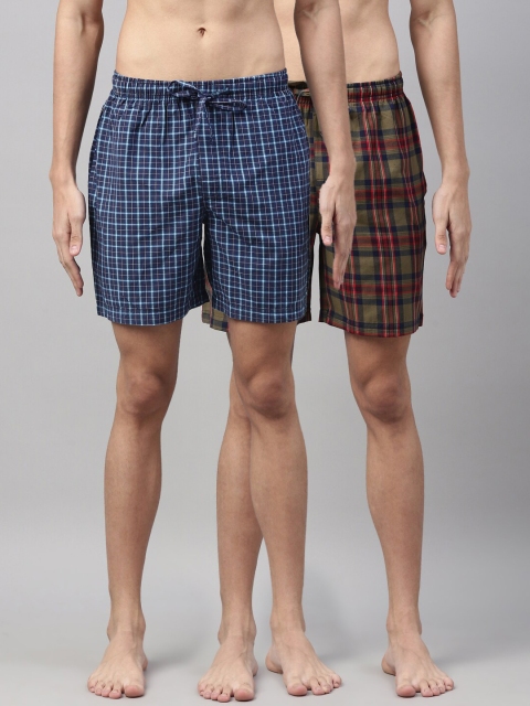 

Joven Men Set of 2 Navy Blue & Olive Green Checked Lounge Shorts