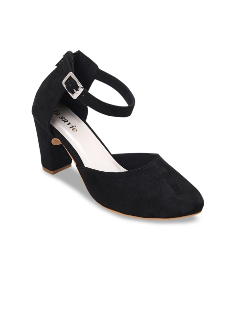

LA SAVIE Black Printed Suede Party Block Pumps with Buckles
