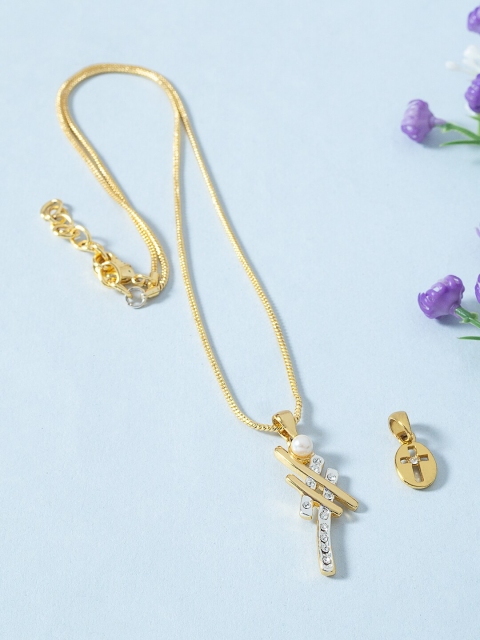 

Golden Peacock Set Of 2 Gold-Toned & White Stone-Studded Pendant With Chain