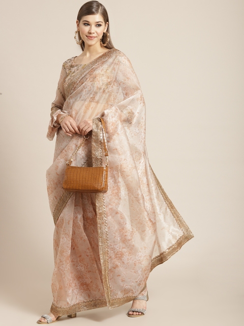 

Tikhi Imli Peach-Coloured & Off-White Floral Sequinned Organza Saree