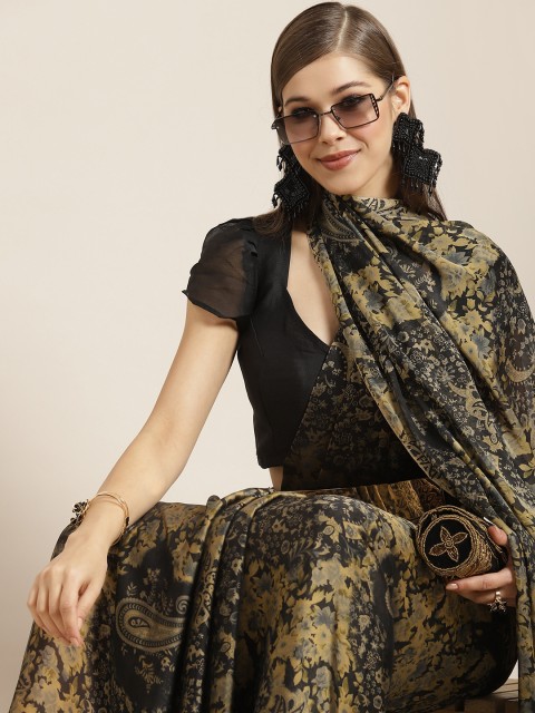 

Tikhi Imli Black & Beige Ethnic Motifs Print Saree