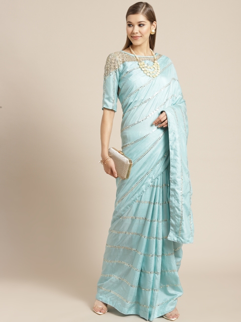 

Tikhi Imli Blue & Silver Striped Sequinned Art Silk Saree