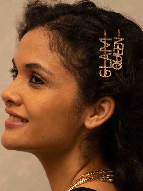 

Ayesha Women Set of 2 Gold-Toned & White Glam & Queen Statement Diamante Studded Hairclips