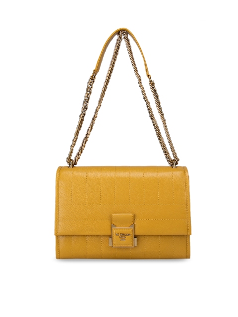 

Da Milano Mustard Yellow Textured Leather Structured Shoulder Bag with Quilted