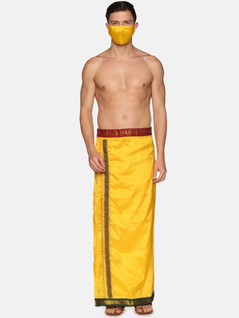 

Sethukrishna Men Yellow & Green Solid Readymade Dhoti With Macthing Mask