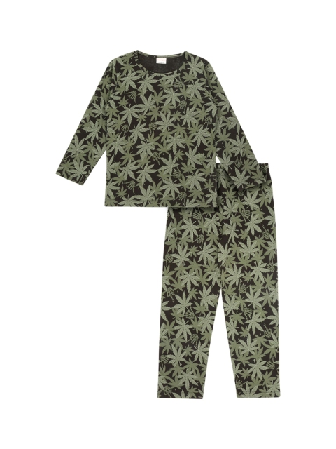 

RAINE AND JAINE Girls Black & Green Printed Pure Cotton Night suit
