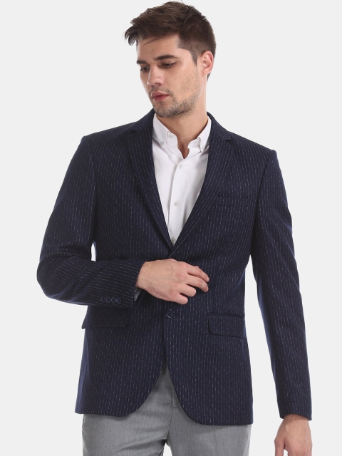 

AD By Arvind Men Navy Blue Striped Single Breasted Formal Blazer