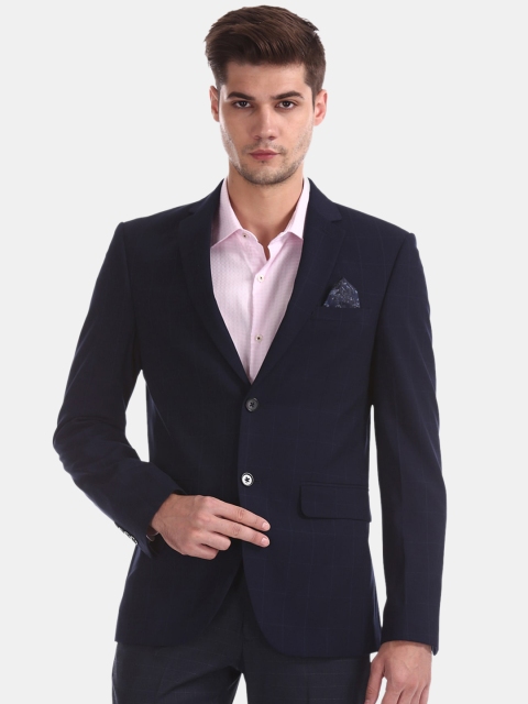 

AD By Arvind Men Navy Blue & White Checked Single Breasted Formal Blazer