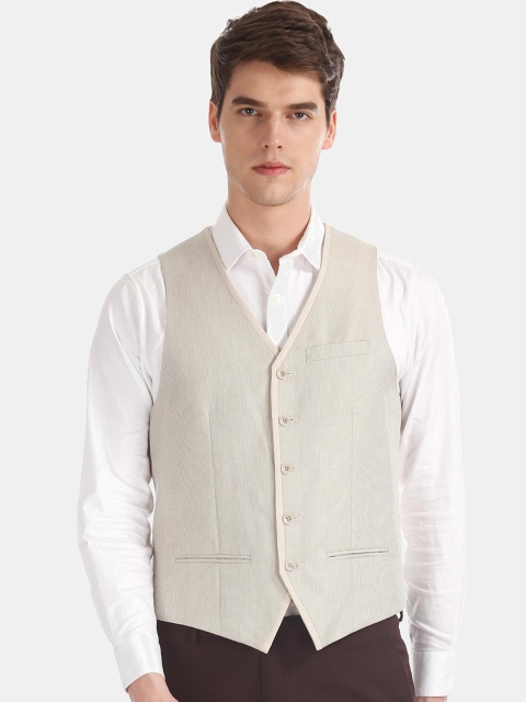 

AD By Arvind Men Beige Self Design Single-Breasted Blazer
