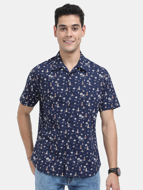 

HERE&NOW Men Navy Blue & White Slim Fit Opaque Printed Cotton Casual Shirt
