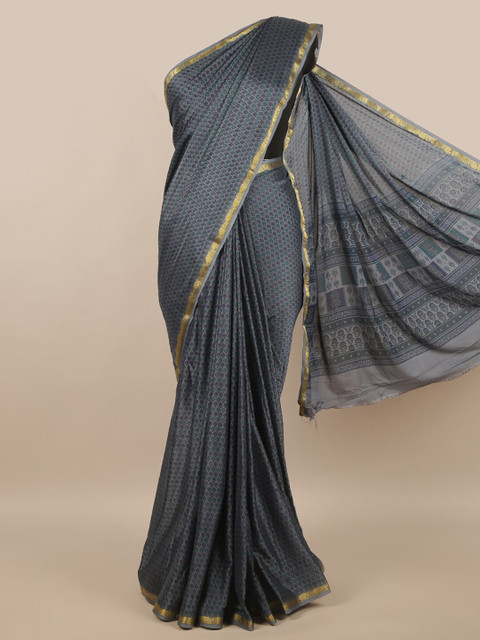 

Pothys Grey & Green Ethnic Motifs Zari Satin Saree