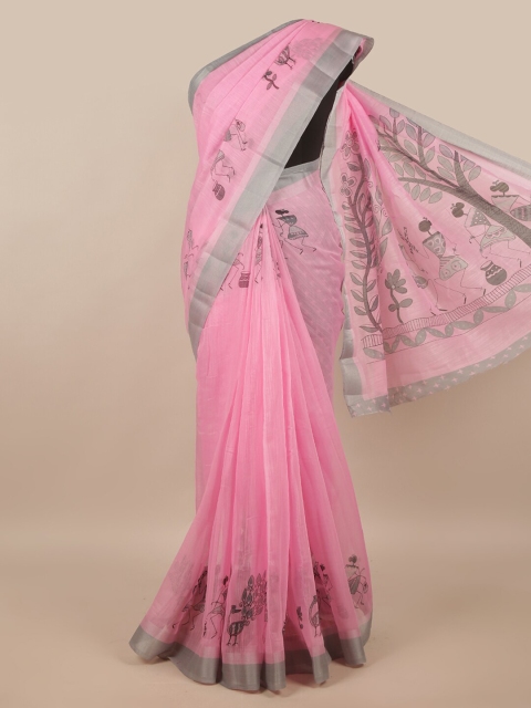 

Pothys Pink & Grey Warli Printed Cotton Blend Saree