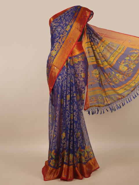 

Pothys Blue & Orange Floral Mirror Work Brasso Saree