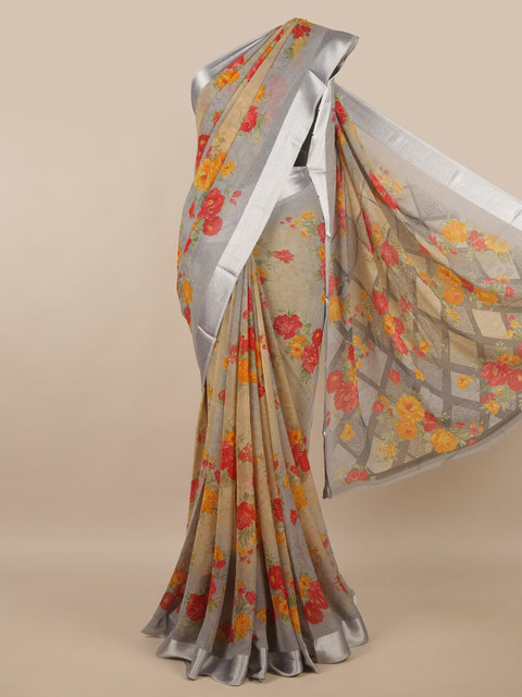 

Pothys Brown & Grey Floral Poly Chiffon Saree