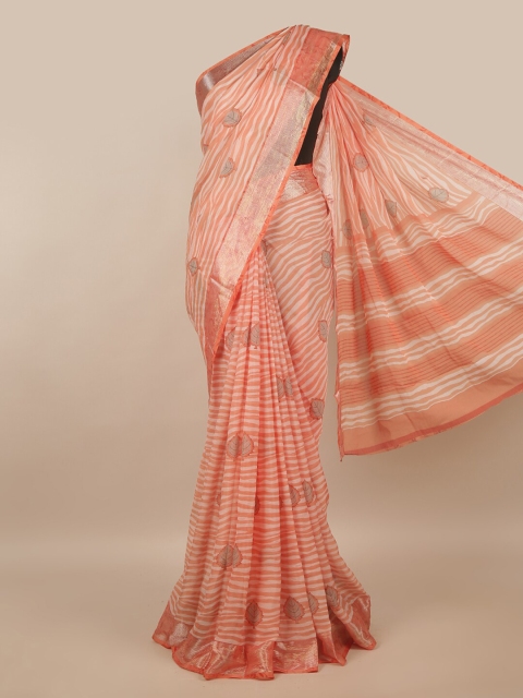 

Pothys Peach-Coloured & Off White Poly Chiffon Striped Saree