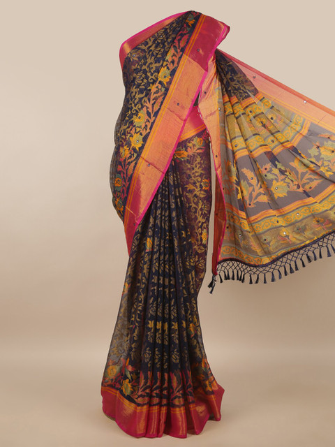

Pothys Blue Ethnic Motifs Mirror Work Brasso Saree