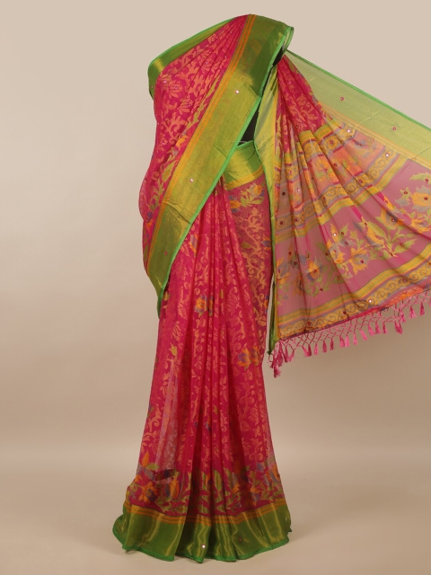 

Pothys Pink & Green Woven Design Zari Brasso Saree