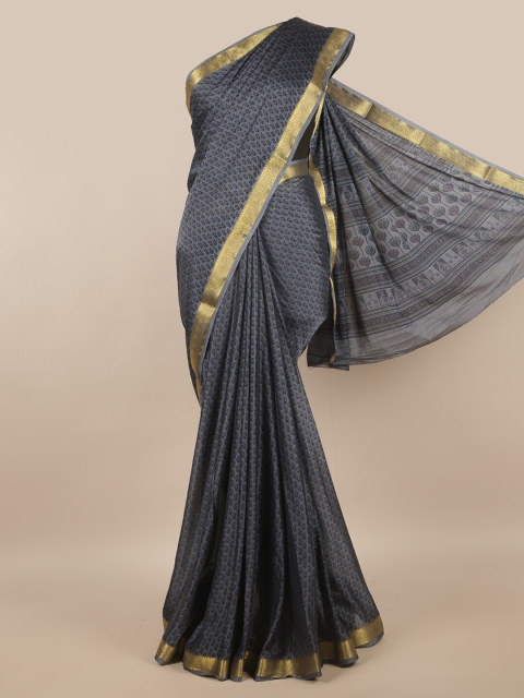 

Pothys Grey & Gold-Toned Paisley Zari Satin Saree