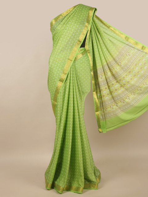 

Pothys Green & Gold-Toned Floral Zari Satin Saree