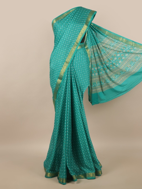 

Pothys Green & Gold-Toned Floral Satin Saree