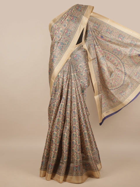 

Pothys Cream-Coloured & Blue Floral Saree