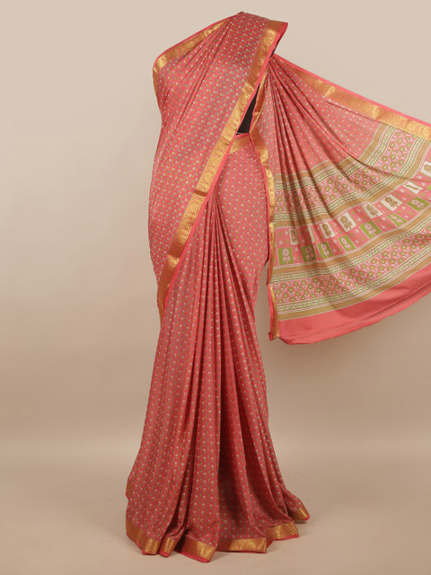 

Pothys Pink & Green Floral Satin Saree