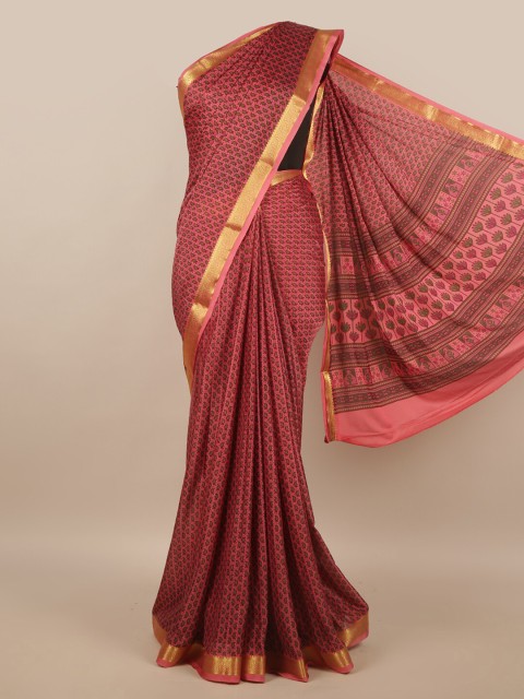 

Pothys Pink & Green Floral Satin Saree