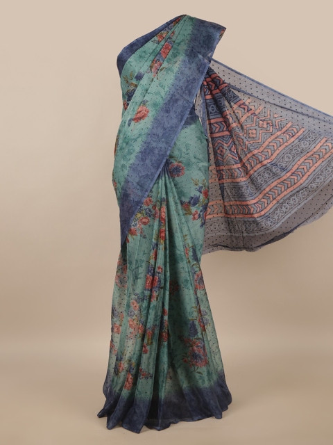 

Pothys Green & Blue Floral Printed Poly Chiffon Saree