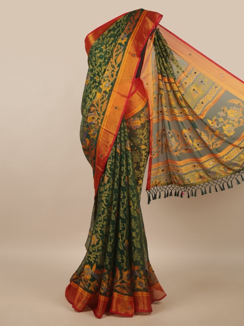 

Pothys Green & Orange Floral Zari Brasso Saree
