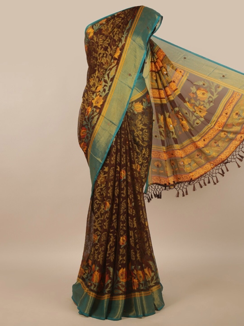 

Pothys Brown & Gold-Toned Floral Zari Brasso Saree