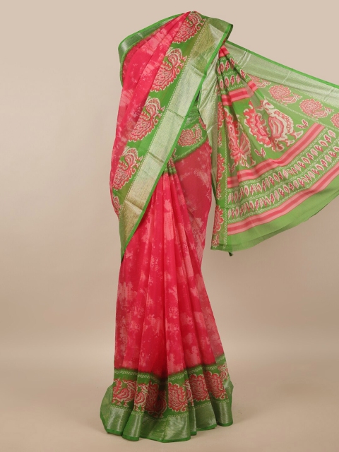 

Pothys Pink & Green Printed Poly Chiffon Saree