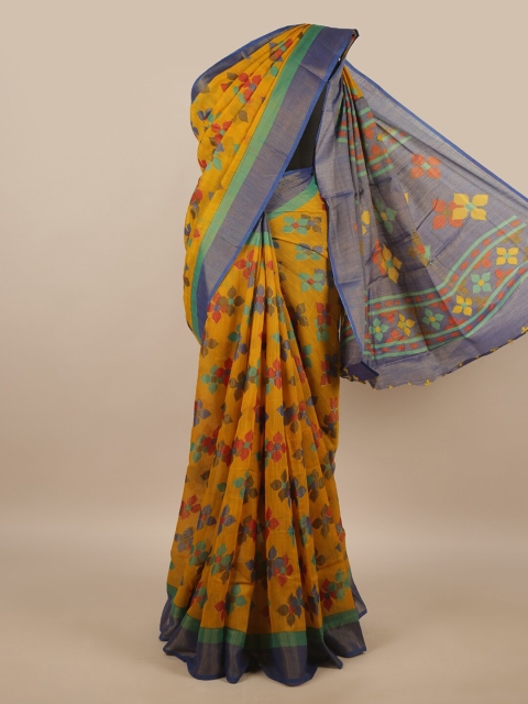 

Pothys Mustard & Blue Floral Zari Brasso Saree
