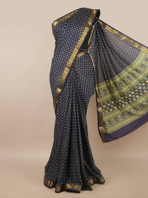 

Pothys Blue & Gold-Toned Floral Satin Saree