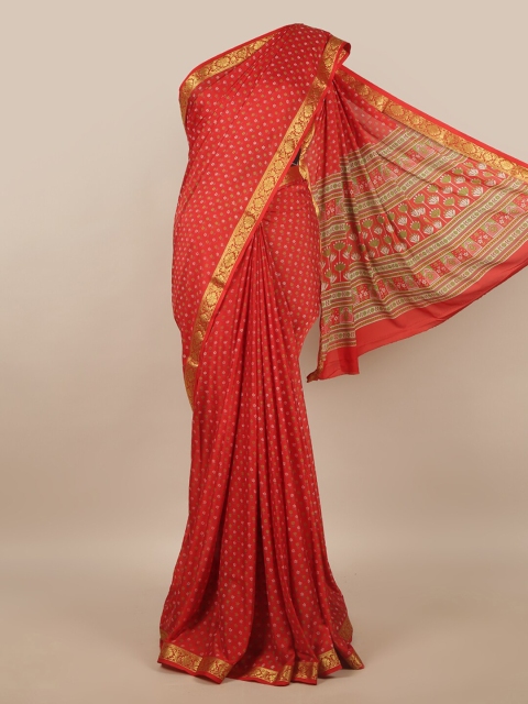

Pothys Red & Gold-Toned Floral Zari Satin Saree