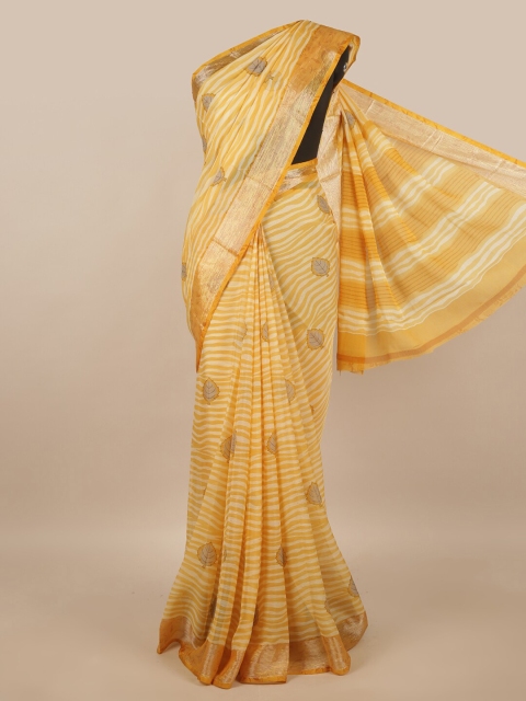 

Pothys Yellow & Silver-Toned Floral Printed Saree